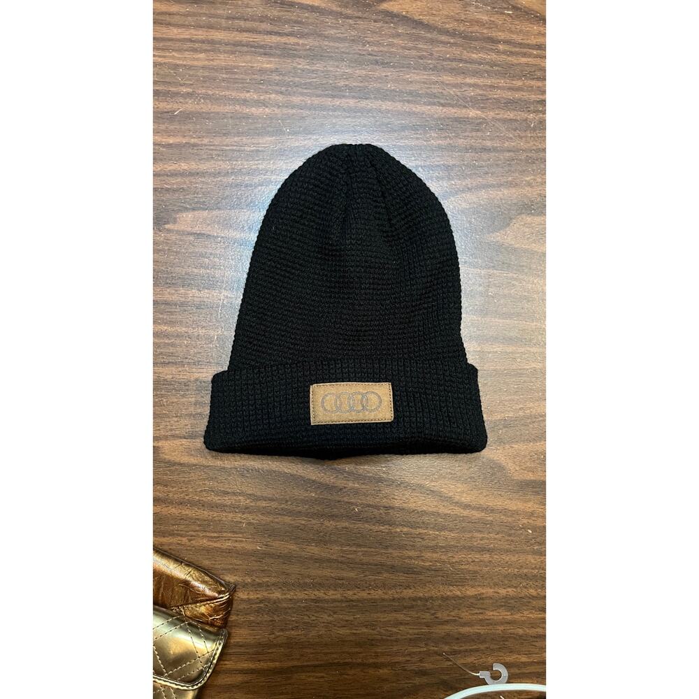 Black Knit Beanie Hat with Leather Patch Logo – Unisex Winter Cuffed Beanie - Picture 7 of 7